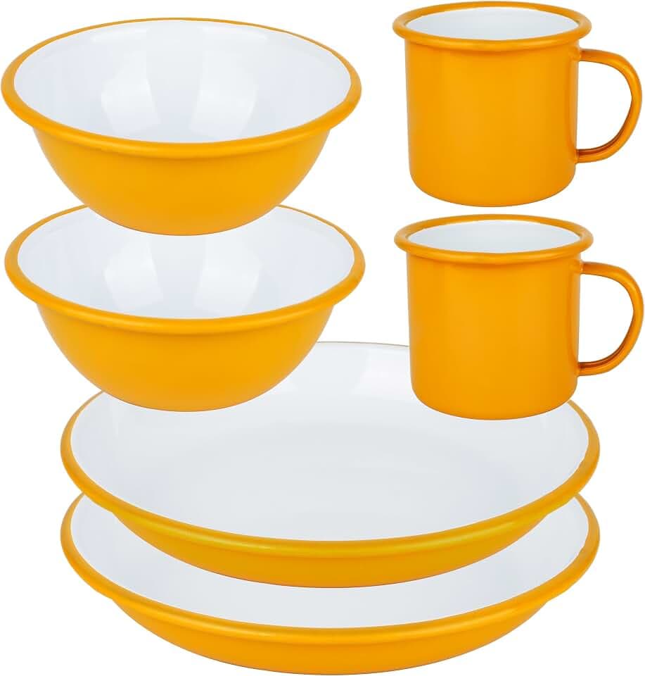 Lost & Found Cornwall 6 Piece Enamelware Enamel Mug Plate Bowl Set | Premium Emaille Esszimmer 2 Schüsseln tiefe Teller Tassen | für Outdoor Camping Wandern