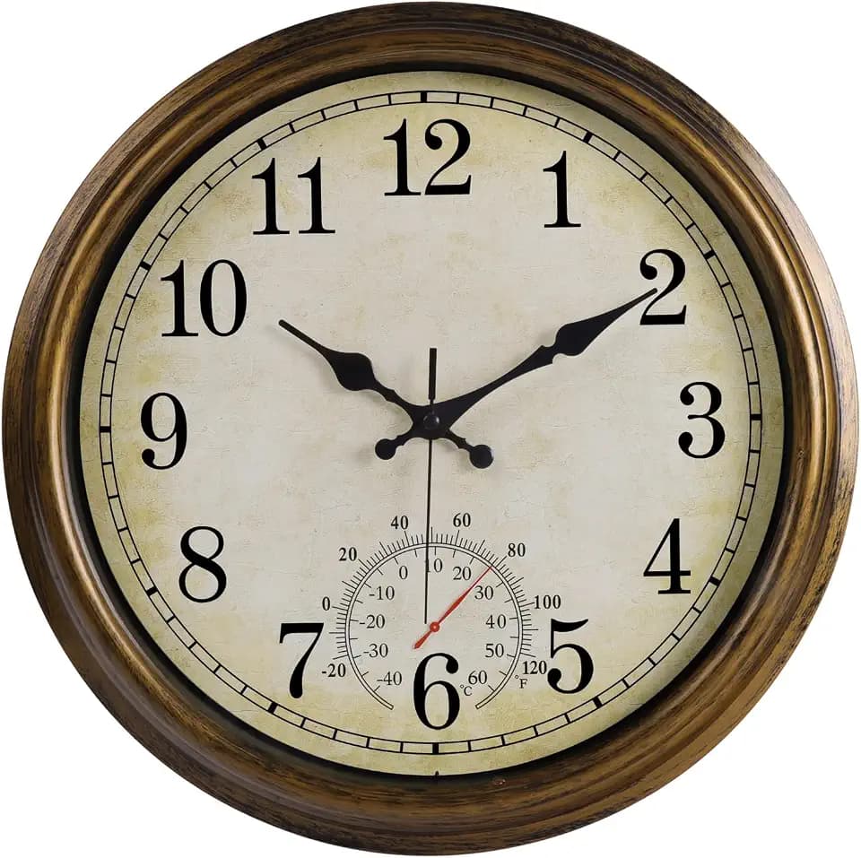 16 Inch Large Outdoor Clock, Waterproof Wall Clock with Thermometer,Brown