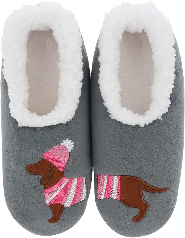 Snoozies! Sherpa-Fleece-Hausschuhe für Damen mit rutschfester Sohle, Katzen- und Hunde-Design, Rosa, Schwarz, Labrador oder gestreifter Dackel