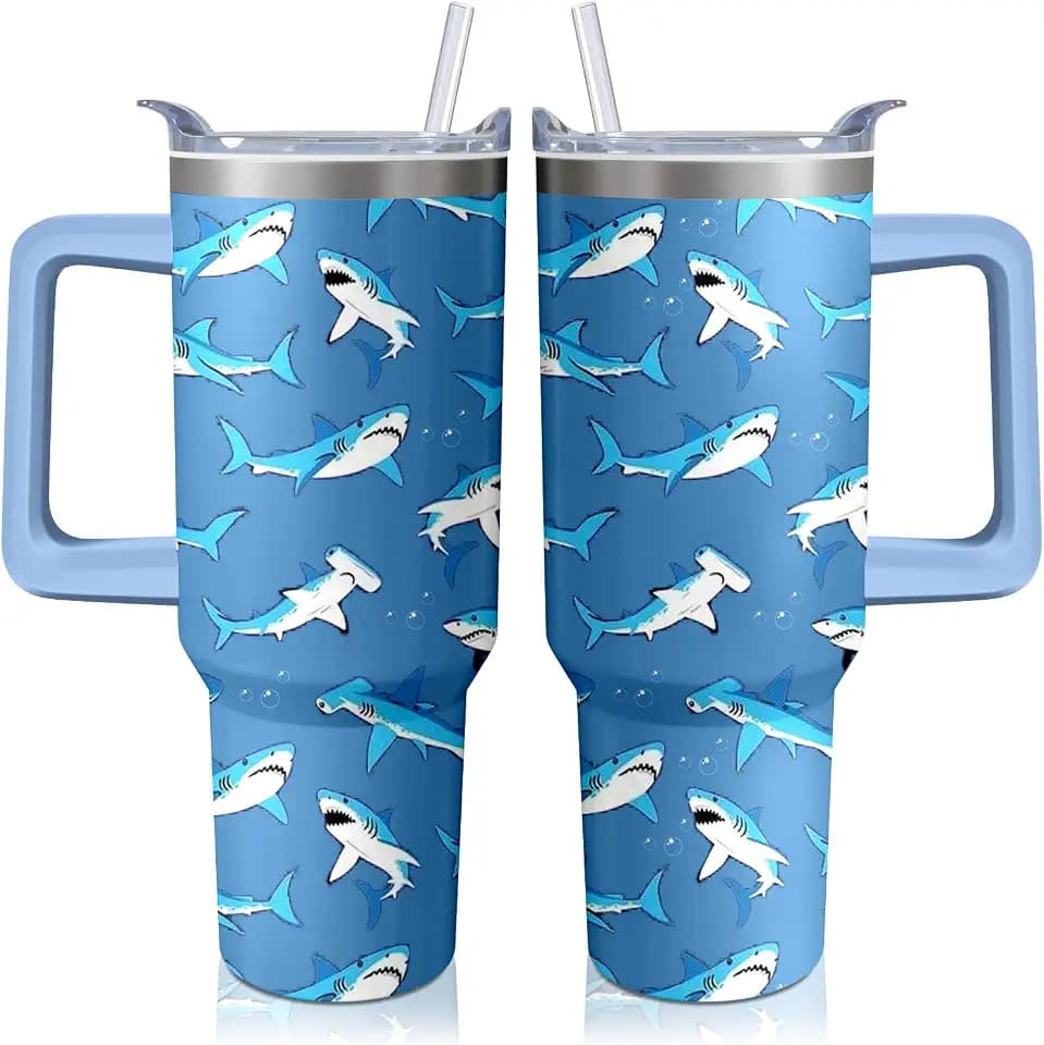 Shark Tumbler with Handle and Straw, 40 oz Stainless Steel Pink Insulated Cup with Lid and Straw,Travel Coffee Mug Water Bottle, Birthday Christmas Mothers Day Gifts for Animal Lovers Women
