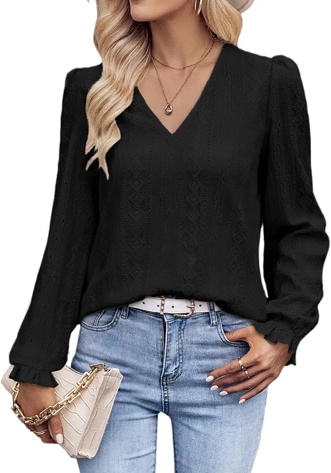 Tanmolo Langarmshirt Damen Bluse Elegant Langarm Pullover V-Ausschnitt Tunika Lässige Oberteile Puffärmel Blusenshirt Basic Tops