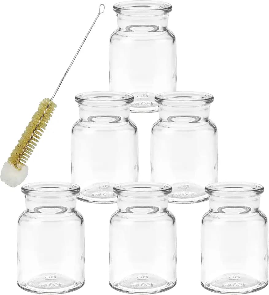 Vintage Glasfläschchen - Dekorative Tischvasen im Retro-Stil - 6er Set mit Flaschenbürste - 6 x Kleine Glasvase 9 cm Glasflaschen inkl. Flaschenbürste
