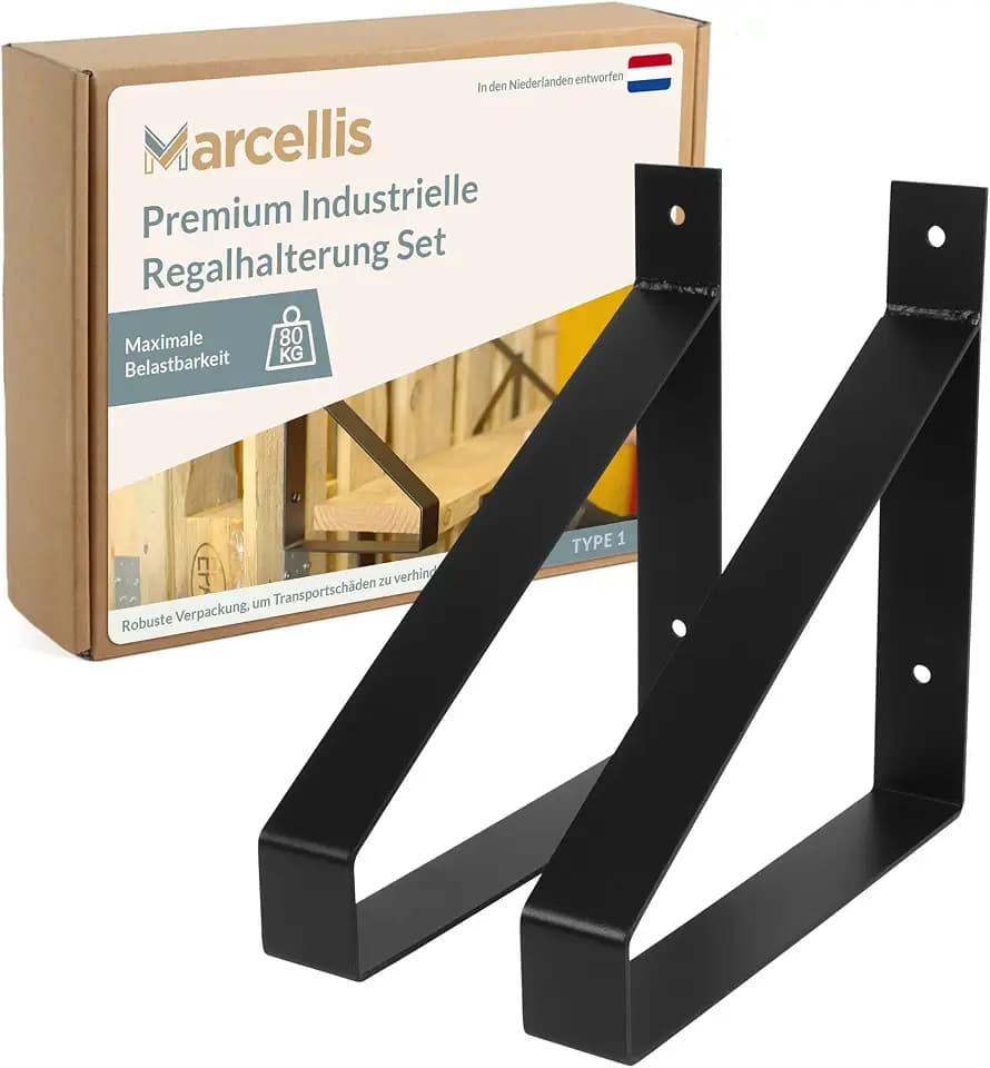 Marcellis Premium Regalhalterung für 25 cm breite Bretter, Matt Schwarz, 2x Industrielle Regalhalterungen (80 kg Tragkraft) - Hochwertige Verarbeitung und Montagematerial - 25x4x25,2 cm (HxWxD)
