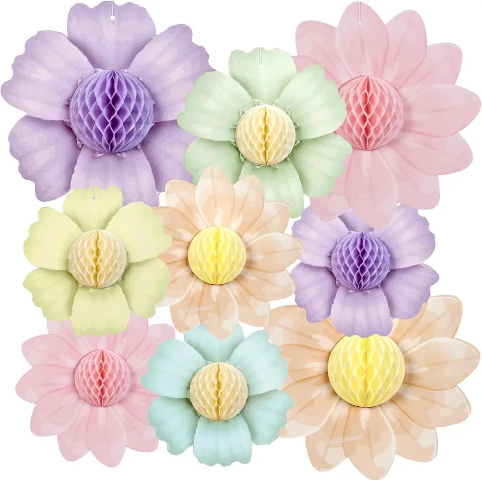 SUNBEAUTY 9 PCS Pastel Flower Party Decorations Flowers Honeycomb Fairy Birthday Party Decorations Pastel Hanging Flower Decorations for Women Birthday Spring Easter Garden Tea Party Baby Shower