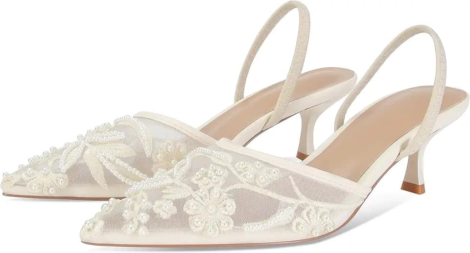 Embroidered Kitten Heels for Women Pointed Toe Mesh Floral Slingback Heeled Sandals With Pearl Slip On Backless Bridal Wedding Sandals Shoes