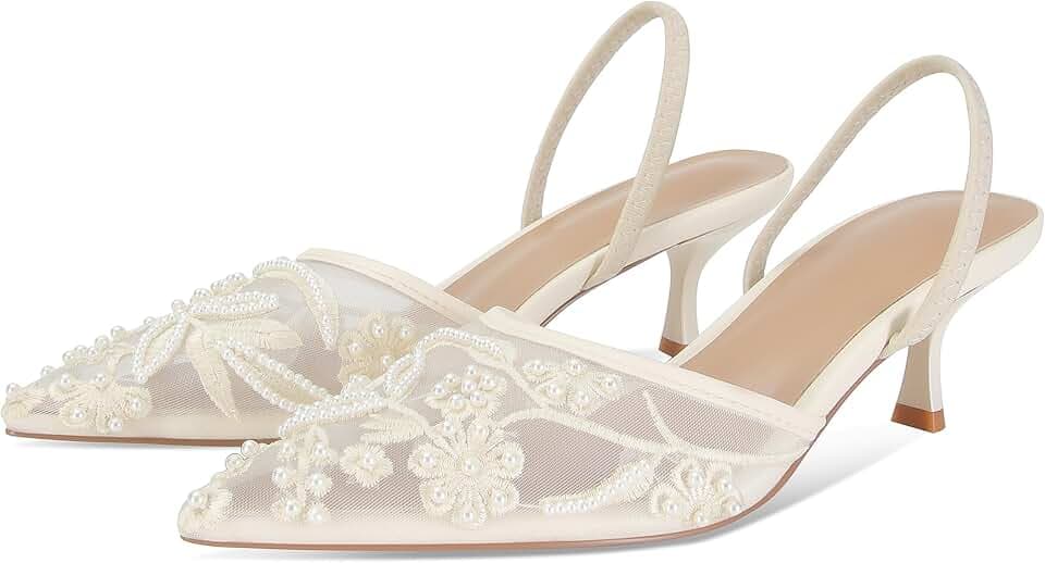 Embroidered Kitten Heels for Women Pointed Toe Mesh Floral Slingback Heeled Sandals With Pearl Slip On Backless Bridal Wedding Sandals Shoes