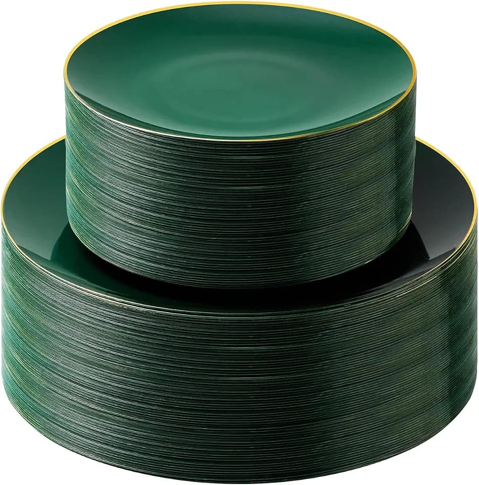 Bestluck 100Pcs Green Gold Plastic Plates Set