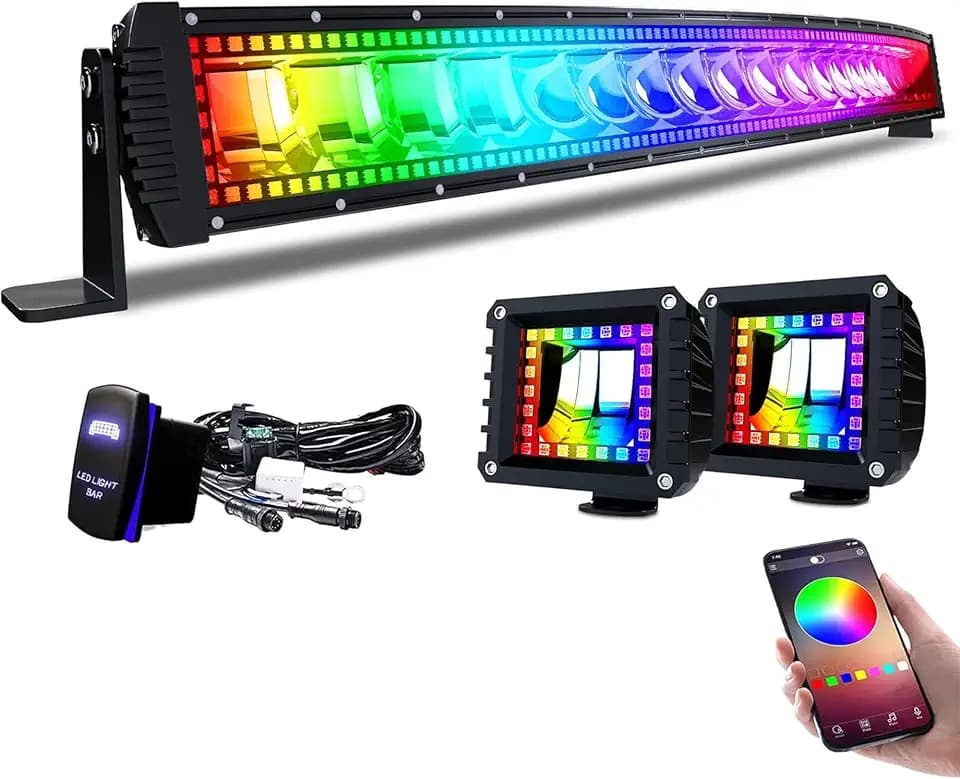 Lpteso RGBW Curved LED Light Bar 42Inch 240W w/2x4Inch 18W Flood RGB Pods