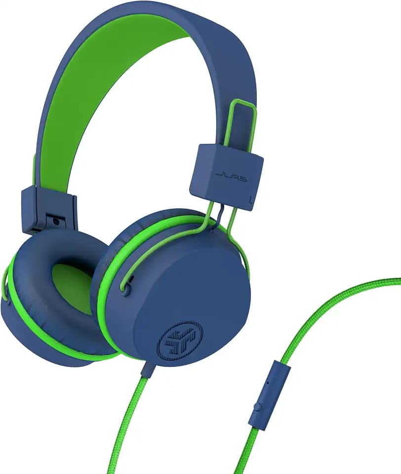 JLab JBuddies Studio Kids on-Ear Wired Headphones with mic, Volume Limiter, Folding, Adjustable, Noise Isolation, Blue/Green
