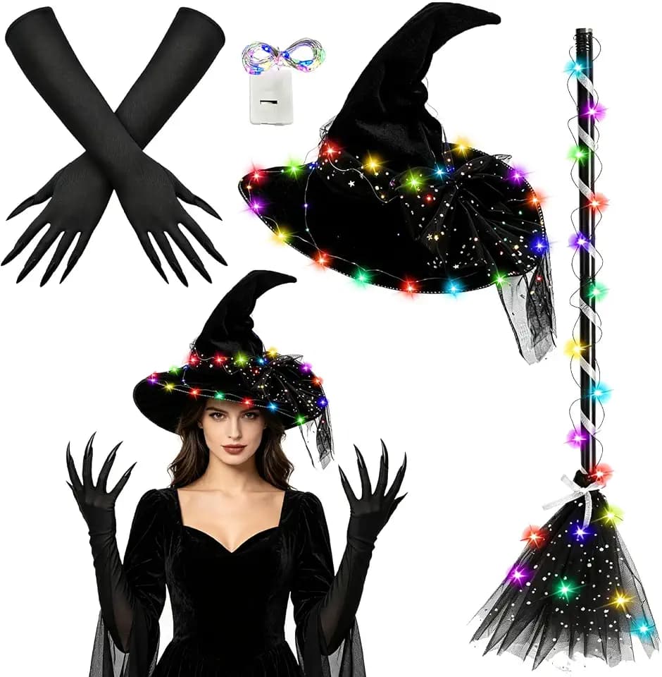 4 Stück Hexenkostüm Damen mit Bunte LED Beleuchtung für Halloween Karneval
