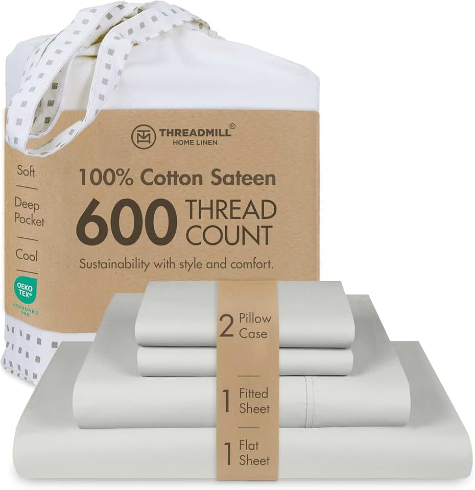Threadmill Home Linen California-King-Bettlaken, 100% Reine Baumwolle, Fadenzahl 600, 4-teiliges Satingewebe, silberfarben, weiche gekämmte ELS-Baumwolle, solide Bettlaken mit elastischer, tiefer