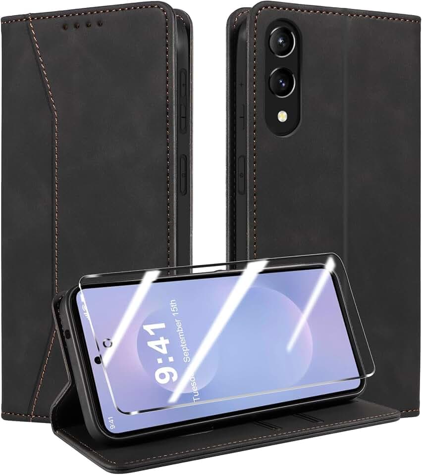 QHOHQ Handyhülle für Samsung Galaxy S25 Edge 5G Hülle mit Panzer Folie, Premium Leder Schutzhülle, [RFID Sperrung Schutz], Magnet Klappbar Flip Case Tasche, Multifunktional, Stoßfest (Traum)-Schwarz