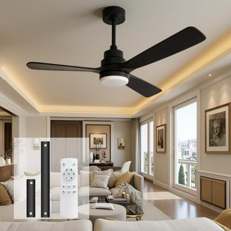 52 Inch Black Ceiling Fan with Light and Remote Control, Solid Wood Blades Reversible DC Motor, 6 Speed 3 Color Lighting, Indoor Outdoor Ceiling Fans for Living Room Bedroom Patio