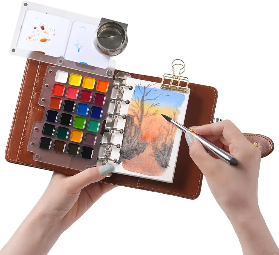 Fuumuui Watercolor Travel Sketchbook Set, 24-Color Watercolor Paints Kit & 100% Cotton Cold Press 300gsm Portable Art Journal with Dual-Tip Brush – Plein Air Painting Supplies for Artists, Beginners, Journaling