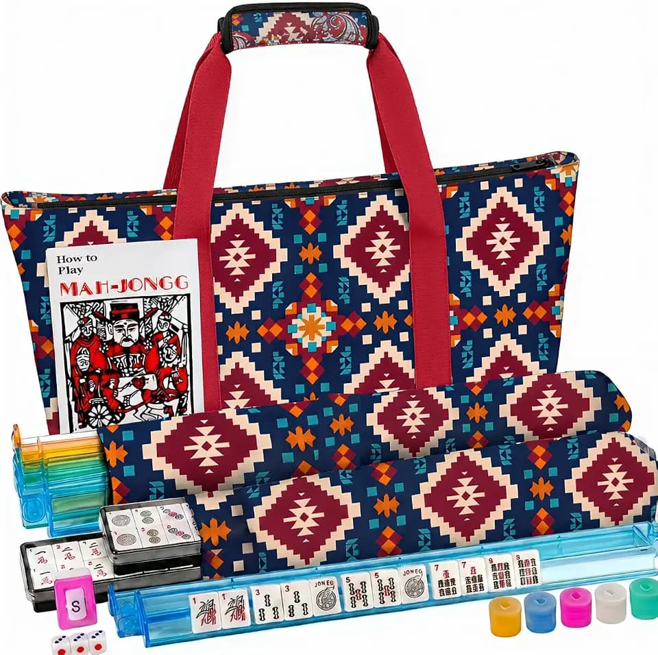 American Mahjong Tile Set with Navy Printed Carrying Bag,166 Premium Pink Tiles,4 All-in-One Color Racks/Pushers, Mah Jongg Sets,Complete Mahjong Game Set for Travel
