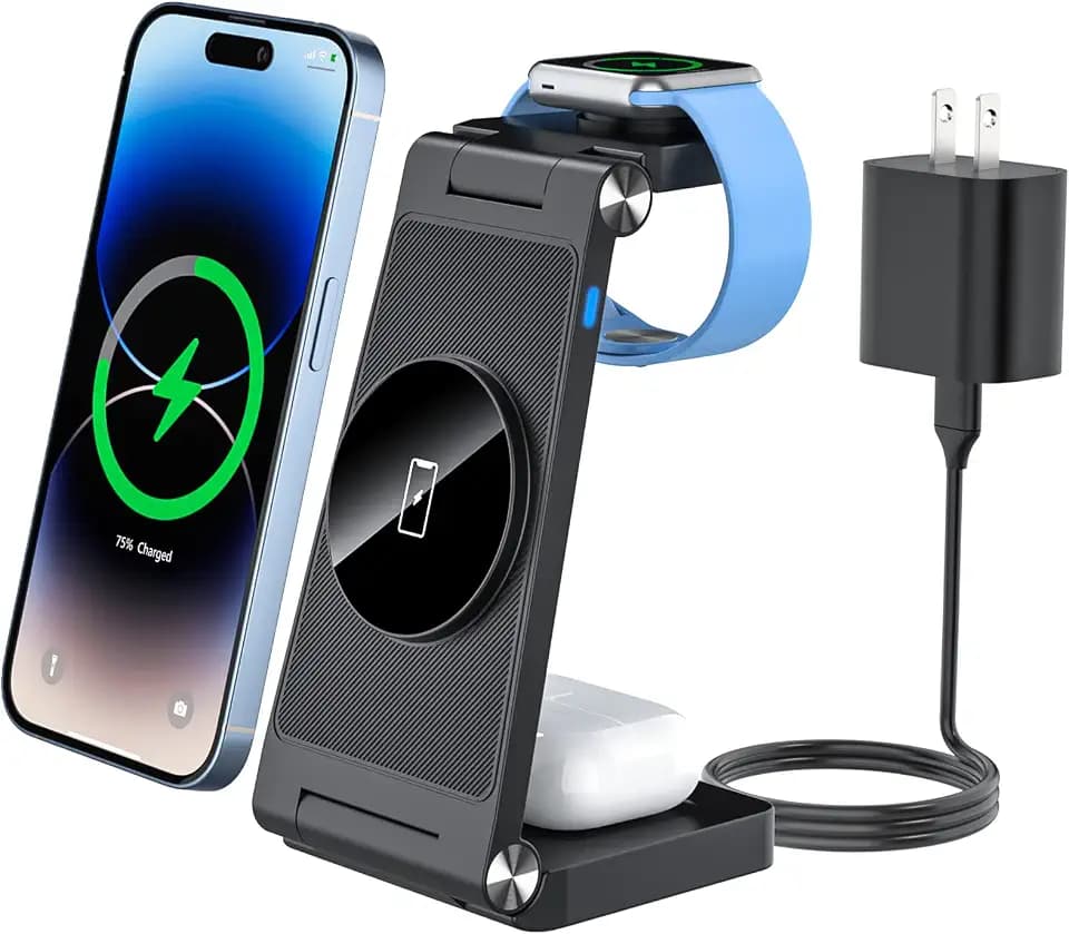 3 in 1 Wireless Charger Mag-Safe Ladestation mit 18W AC Adapter Kompatibel für iPhone 15/14/13/12 Pro Max Plus, Flodable Reiseladestation für Apple Watch und Air Pods