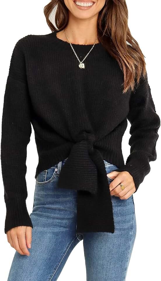 Okiwam Womens Sweater Long Sleeve Crew Neck Tie Front Crop Tops