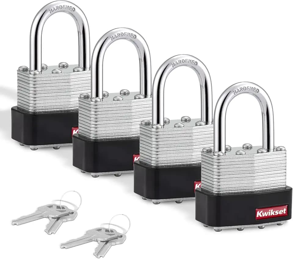 Kwikset Laminated Steel Padlock with Hardened Steel Shackle, 4-Pack, Silver