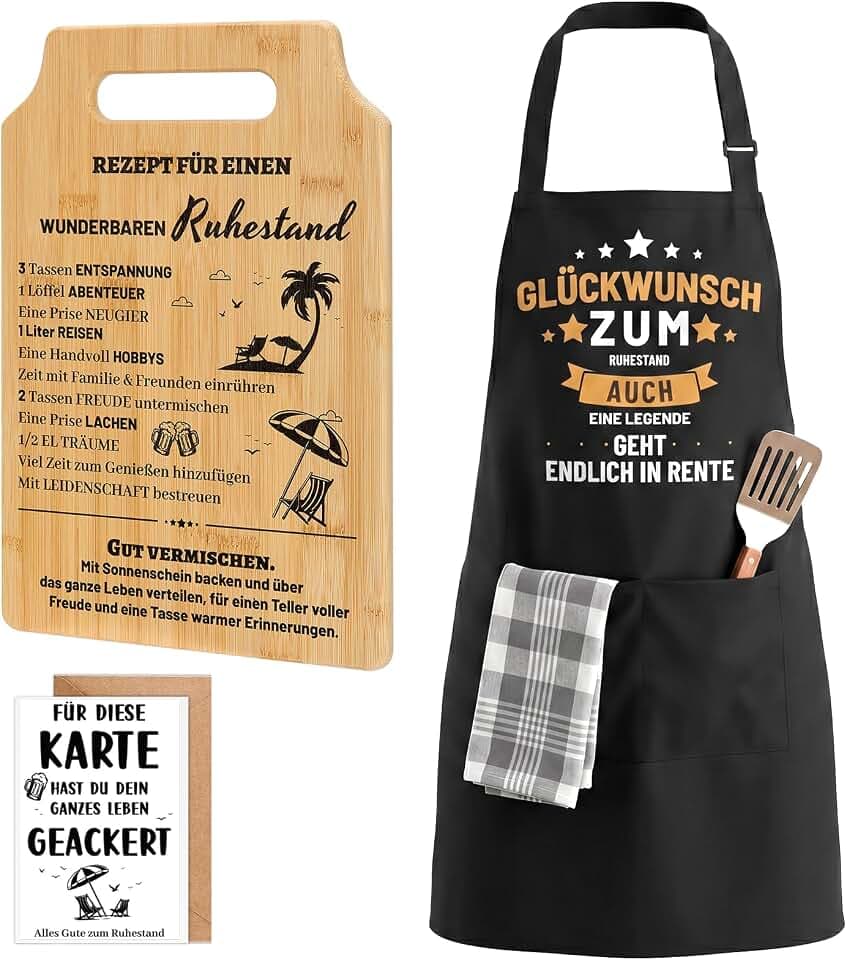 Renteneintritt Geschenk Männer, Ruhestand Geschenkset mit Grillschürze, Bambus Schneidebrett & Karte, Abschiedsgeschenk für Chef, Kollegen, Papa