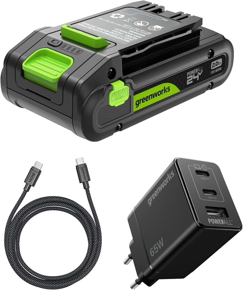Greenworks 24V 2Ah Akku High Power USB-C & 65W USB-C Ladegerät & 100w Cable,Li-Ion 24V 2,0 Ah Akku passend für alle 200+ Greenworks 24V Geräte, 2 Jahre Garantie - K2S2BEA