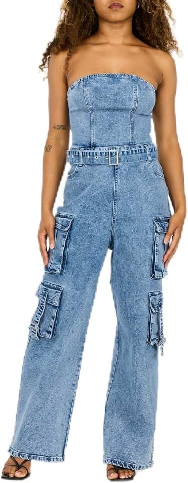 Forever 21 Women's Strapless Cargo Denim Jumpsuit with Belt