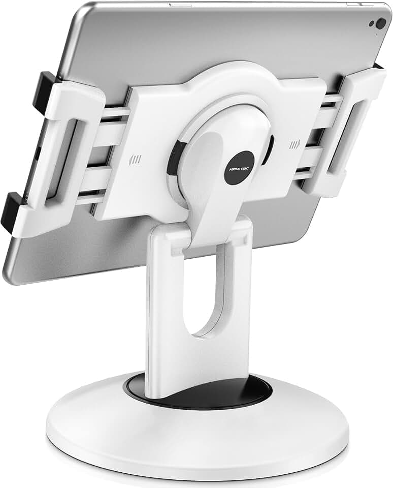 AboveTEK Retail Kiosk iPad Stand, 360° Rotating Commercial POS Tablet Stand, Fits 6"-13" (Screens) iPad mini Pro-Business Swivel Tablet Holder, for Store Office Reception Kitchen Desktop (White)