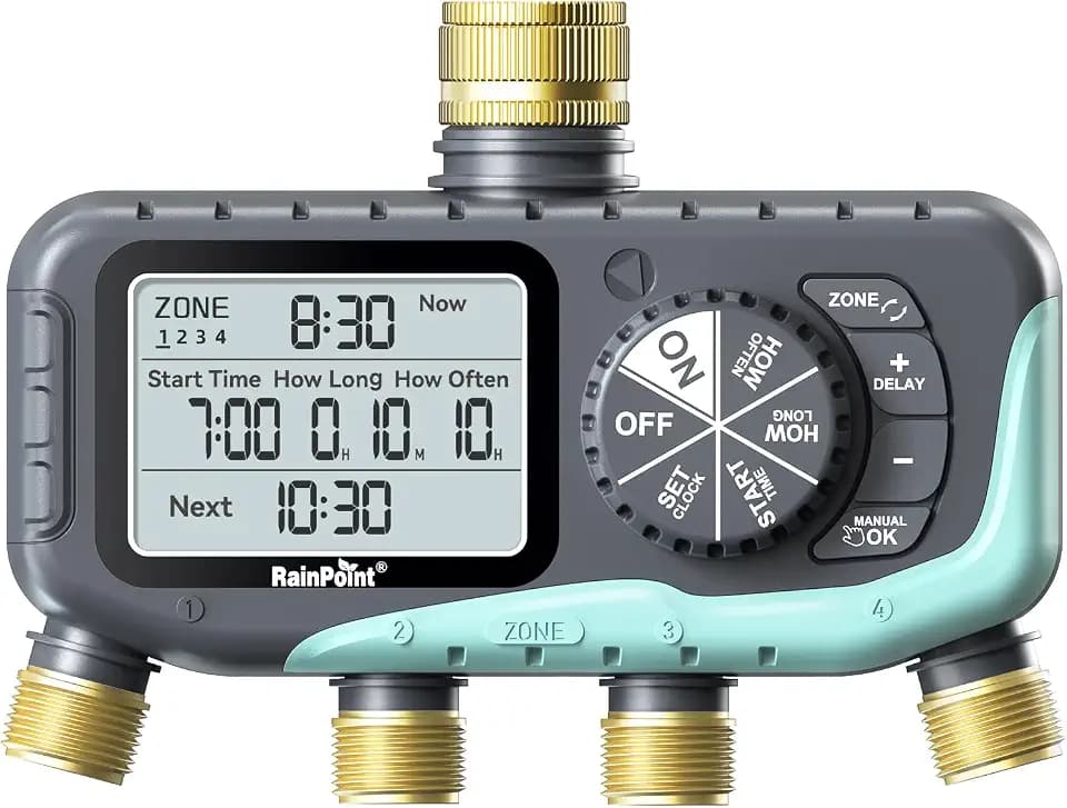 RAINPOINT Bewässerungscomputer 4 Ausgänge, Messing Einlass und Auslass, IP65 Wasserdicht Wasserzeitschaltuhr mit Regenverzögerung/Manueller Bewässerung, Automatische Bewässerung für Rasen und Garten
