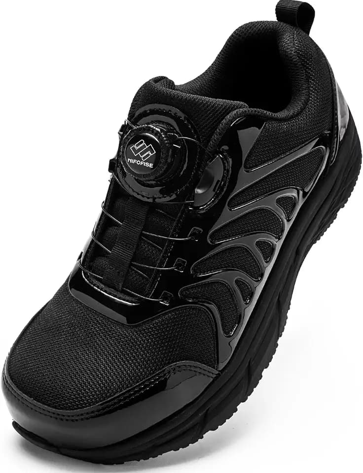 NIFOFISE Sicherheitsschuhe mit breiter Zehenbox für Damen und Herren, Stahlkappe, Turnschuhe mit Quick-Fit-Zifferblatt-Schnürung, leicht, atmungsaktiv, rutschfest, ideal für Lager, Bau, Industrie