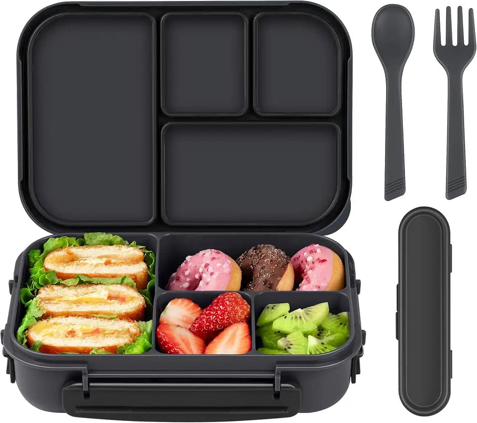 Amathley Brotdose Kinder mit FäChern,Bento Box Kinder,Brotdose Erwachsene,1200ml Lunchbox mit 4 FäChern und Besteck,Mikrowellen und SpüLmaschinenfest,BPA-Frei und Wiederverwendbar (Dunkelgrau)