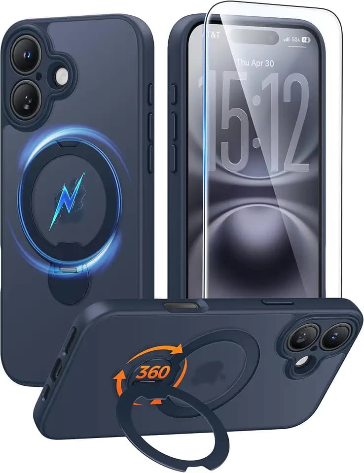 FNTCASE for iPhone 16 Plus Case with 360 Spin Magnetic Stand Deep Blue