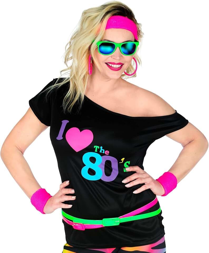 W WIDMANN MILANO Party Fashion - Damen Shirt 80er Jahre, Off-Shoulder, Retro Design für Karneval, Mottoparty & 80s Events