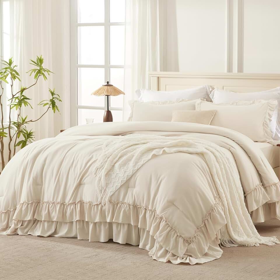 Andency Beige Ruffle Comforter Set King, 3 Pieces Solid Bedding