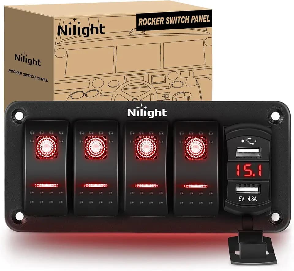 Nilight 4 Gang Rocker Switch Panel with Dual USB Socket Voltmeter