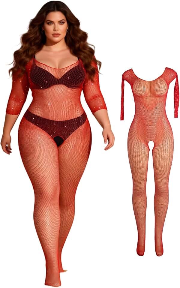 comeondear Bodystocking Ouvert für Damen Glitzer Body Sexy Fishnet Bodysuit Transparente Erotische Unterwäsche Curvy Netz Dessous Catsuit Lingerie Rave Strumpfhosen Reizwäsche Große Größen Negligee