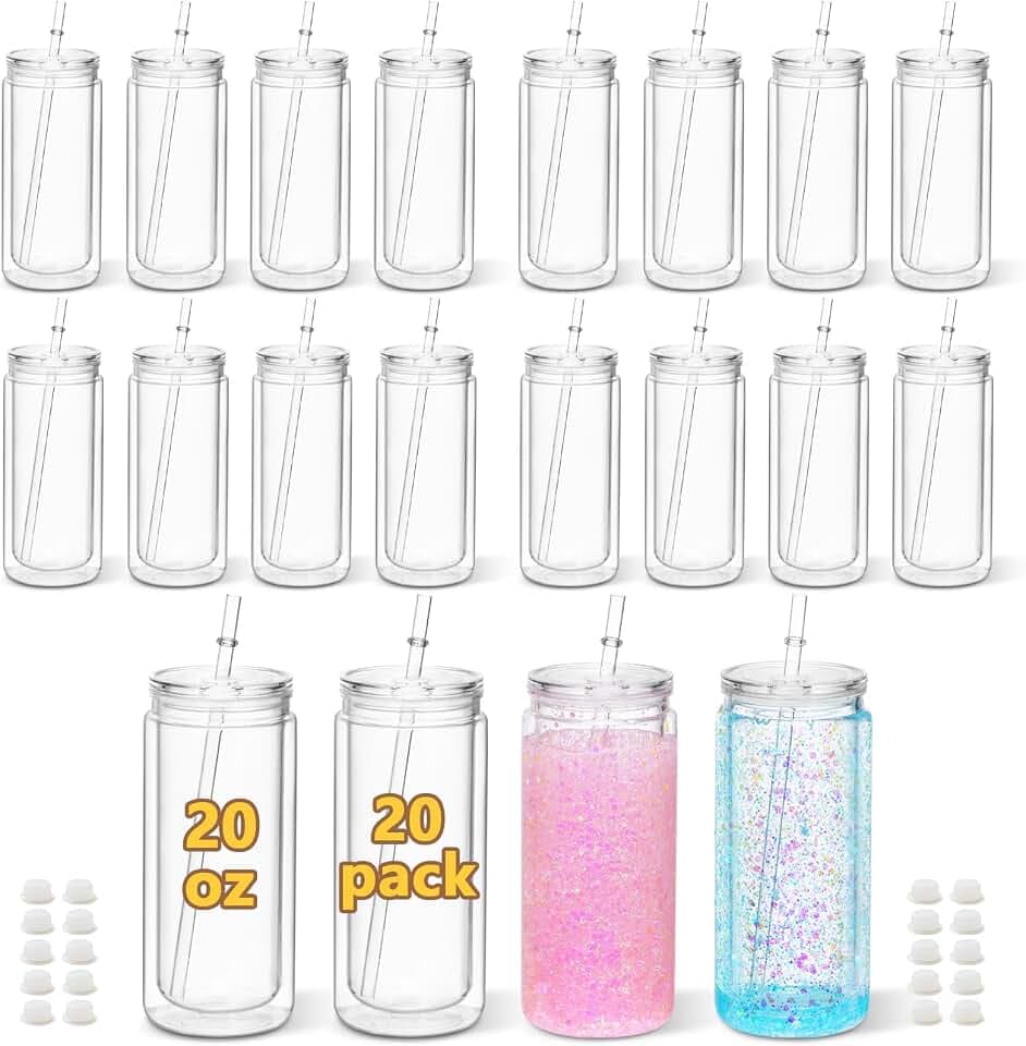 20 Oz Acrylic Snow Globe Tumbler, 20 Pack Pre-Drilled Double Wall Plastic Snowglobe Cup for Glitter Snow Globe Diy, with Clear Lid