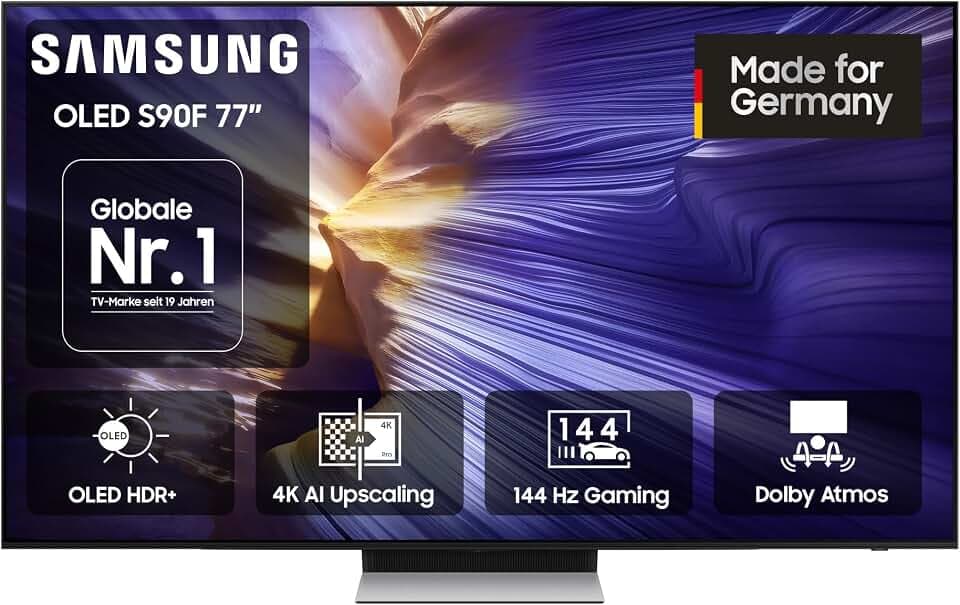 Samsung OLED 4K S90F 77 Zoll (195 cm), UHD Fernseher, NQ4 AI Gen3 Prozessor, OLED HDR+, 4K Upscaling Pro, Dolby Atmos, Gaming Hub, Motion Xcelerator 144Hz, Samsung Vision AI Smart TV