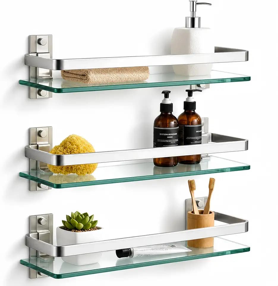 Bathroom Glass Shelf 15.7" Silver Wall-Mounted, Floating Metal Storage Rack
