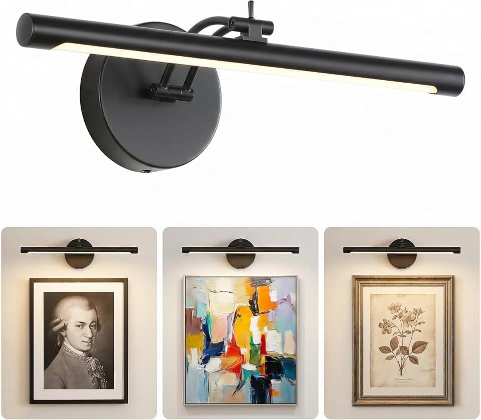 Hardwired Picture Light - Dimmable Adjustable Swing Arm Black Wall Lights for Pictures - 15.75 Inch Long LED Display Light for Artwork - 7W 3000K