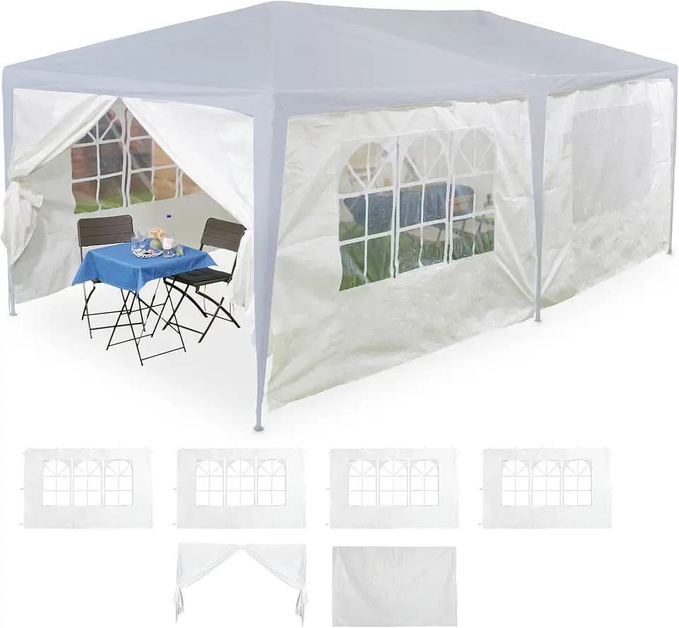 Relaxdays Seitenteile für Pavillon, 6er Set, 2x3m, wasserdicht, Fenster & Tür, PE, Seitenwände mit Klettverschluss, weiß