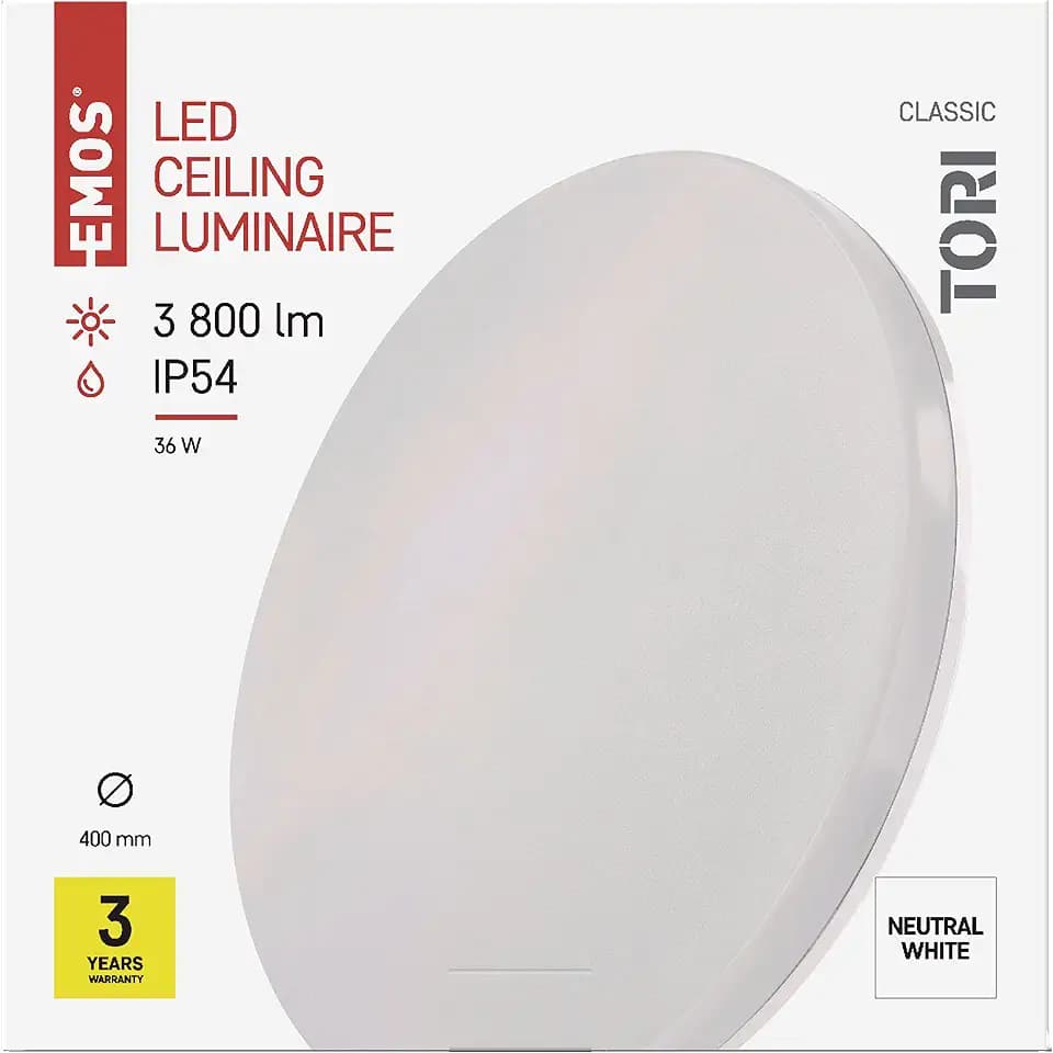 EMOS LED-Deckenleuchte TORI 36 W, für Außen und Innen, Helligkeit 3800 lm, neutralweiß 4000K, Deckenlampe Flur, Bad, Küche, Balkon, Terrasse rund Ø 40 cm, ZM4325, Weiß
