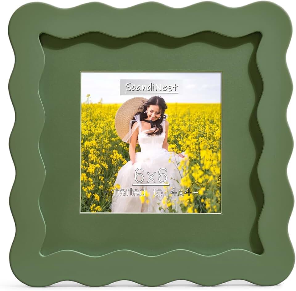 Scalloped 6x6 Picture Frame, Real Glass Wood Frame with Reversible Mat for 4x4 Print, Wavy Edge for Wall or Tabletop, Decorative Photo Frame, Green