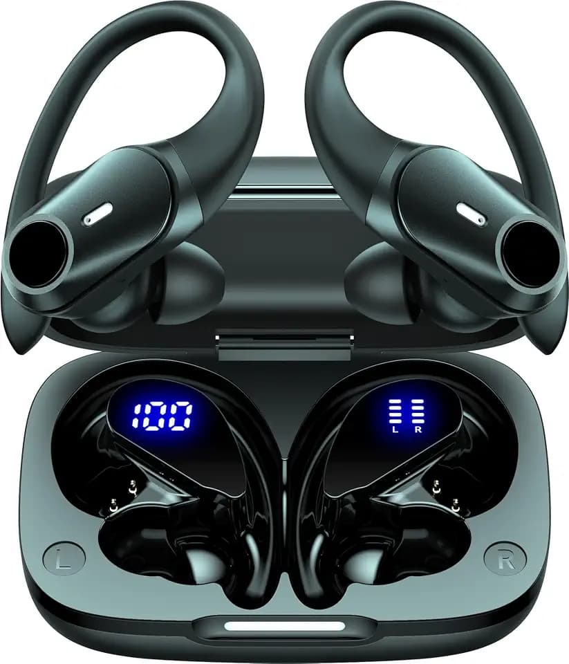 Active Noise Cancelling Ear Buds Wireless Bluetooth Headphones 80H Playtime Display Charging Case 50dB ANC Over Ear Hooks Earbuds with Hi-Res Sound & Clear Calls for Sports Running Gym Workout Black