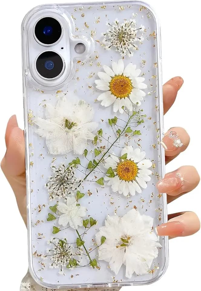 LSEEKA for iPhone 16 Clear Case with Pressed Real Flowers Design,Glitter Cute White Floral Pattern Slim Soft TPU Protective Women Girl's Phone Cover for iPhone 16