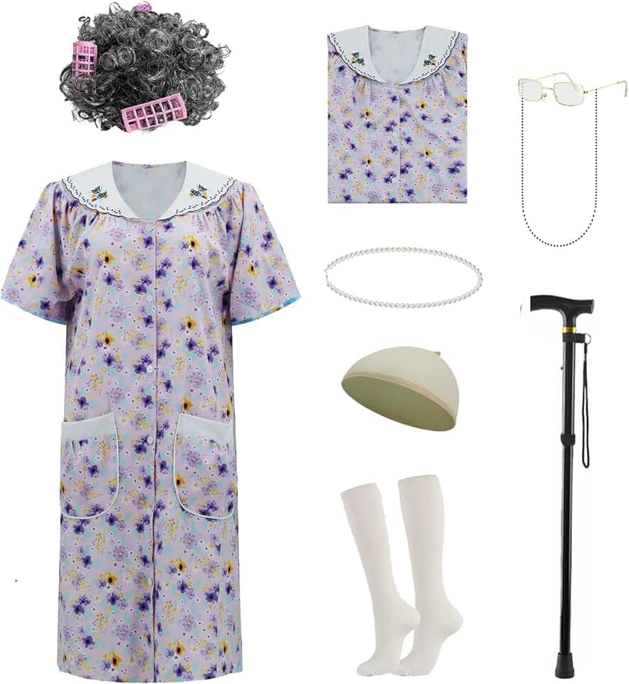Alte Dame Kostüm für Damen, Oma Kostüm Kit mit Nachthemd Alte Dame Kleid Oma Kostüm Halloween Outfits