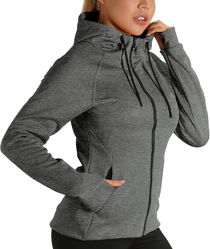 icyzone Damen Sportjacke Laufjacke voll Zip Trainingsjacke mit Kapuze, Fitness Hoodie Langarm Shirt im Winter