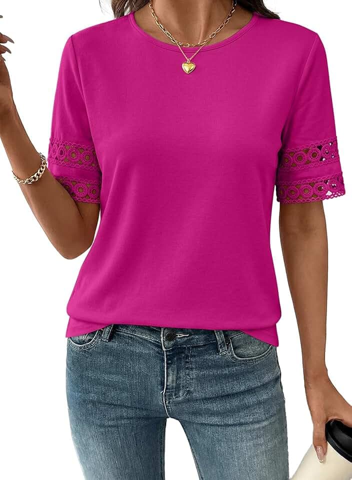 SHEWIN Womens Tops Crewneck Hollow Out Short Sleeve Shirts Lace Spring Blouses Tee Summer Tops for Women 2026