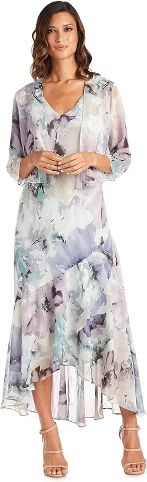 Elegant High Low Ruffle Floral Print Chiffon Dress W/ 3/4 Sleeve Sheer Coordinating Bolero