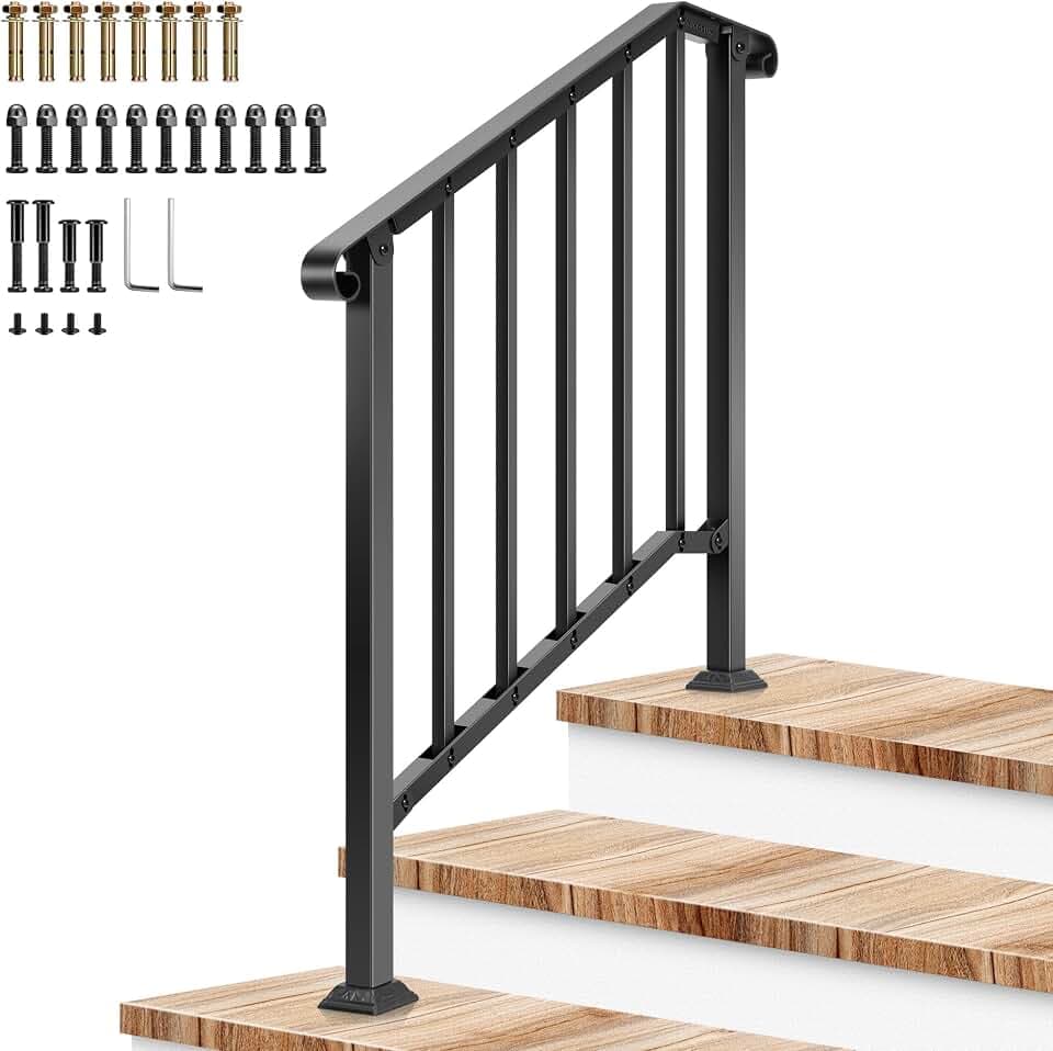 VIVOSUN 3-Step Railing 40"x36" Wrought Iron with Curved & Balusters Black