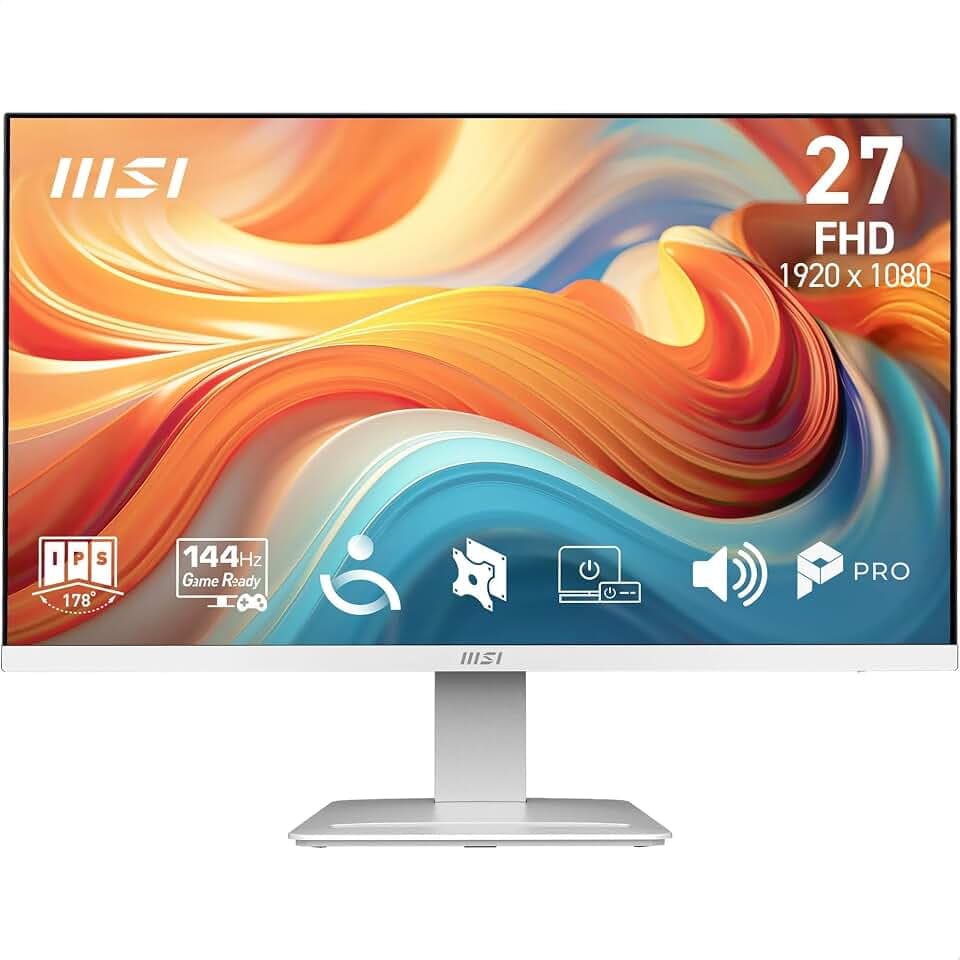 MSI PRO MP273WA E14A – 27″ FHD IPS, 144 Hz, 1 ms, HDR & AMD FreeSync. Mit Augenschutz, integrierten Lautsprechern, HDMI 2.0, DP 1.2a, neigungsverstellbar und VESA-kompatibel in Weiß
