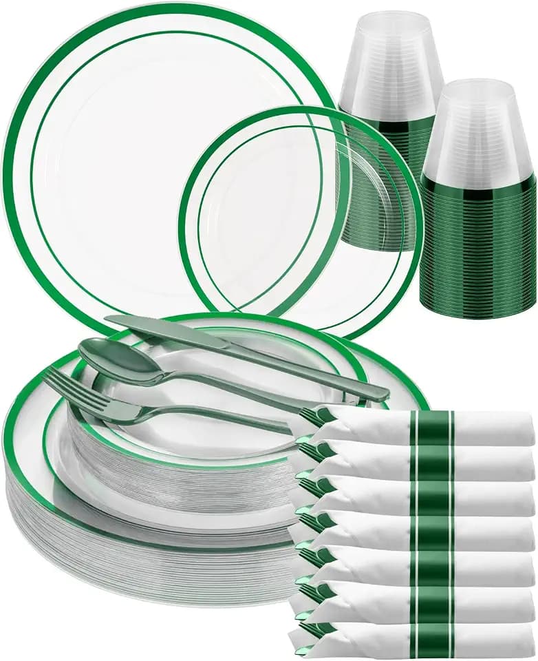 Goodluck 175 Pcs Clear Green Disposable Plastic Plates, Plastic Silverware